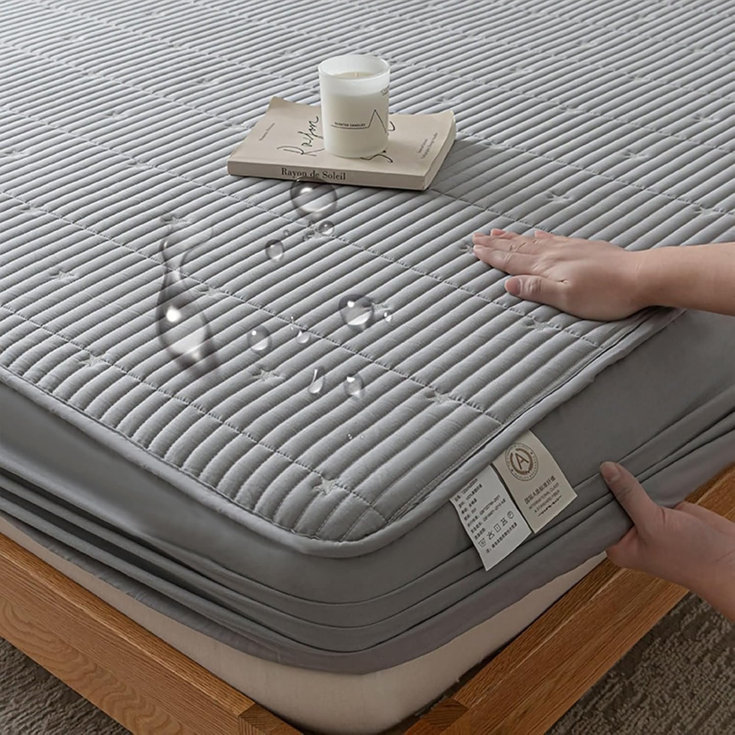 Beydodo Bed Fitted Sheet 35 x 78 inch, Standard Pocket Fitted Bed Sheet Grey Geometric Quilted with Stars, Polycotton Mattress Protector and Pillowcase Set, 90x200cm