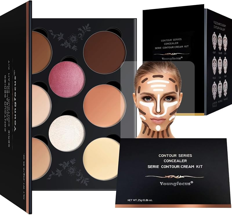 Youngfocus Contour Foundation Best 8 Colors Cosmetics Cream Contour - Highlighting Makeup Kit/Concealer Palette - Vegan, Cruelty Free and Hypoallergenic - Instruction Manual（Face Blushes）