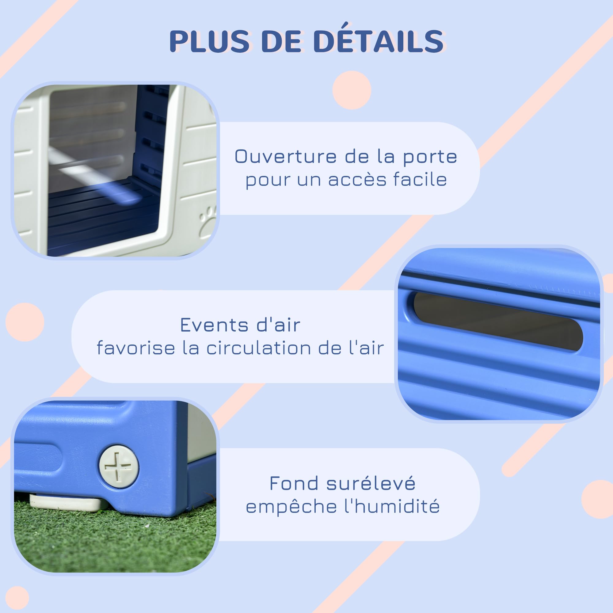 PawHut Niche pour Chien extérieure abri pour Chiots en Plastique Maison pour Chiens avec bouches d'aération résistante à l'eau dim. 60L x 42l x 40H cm Bleu et Blanc