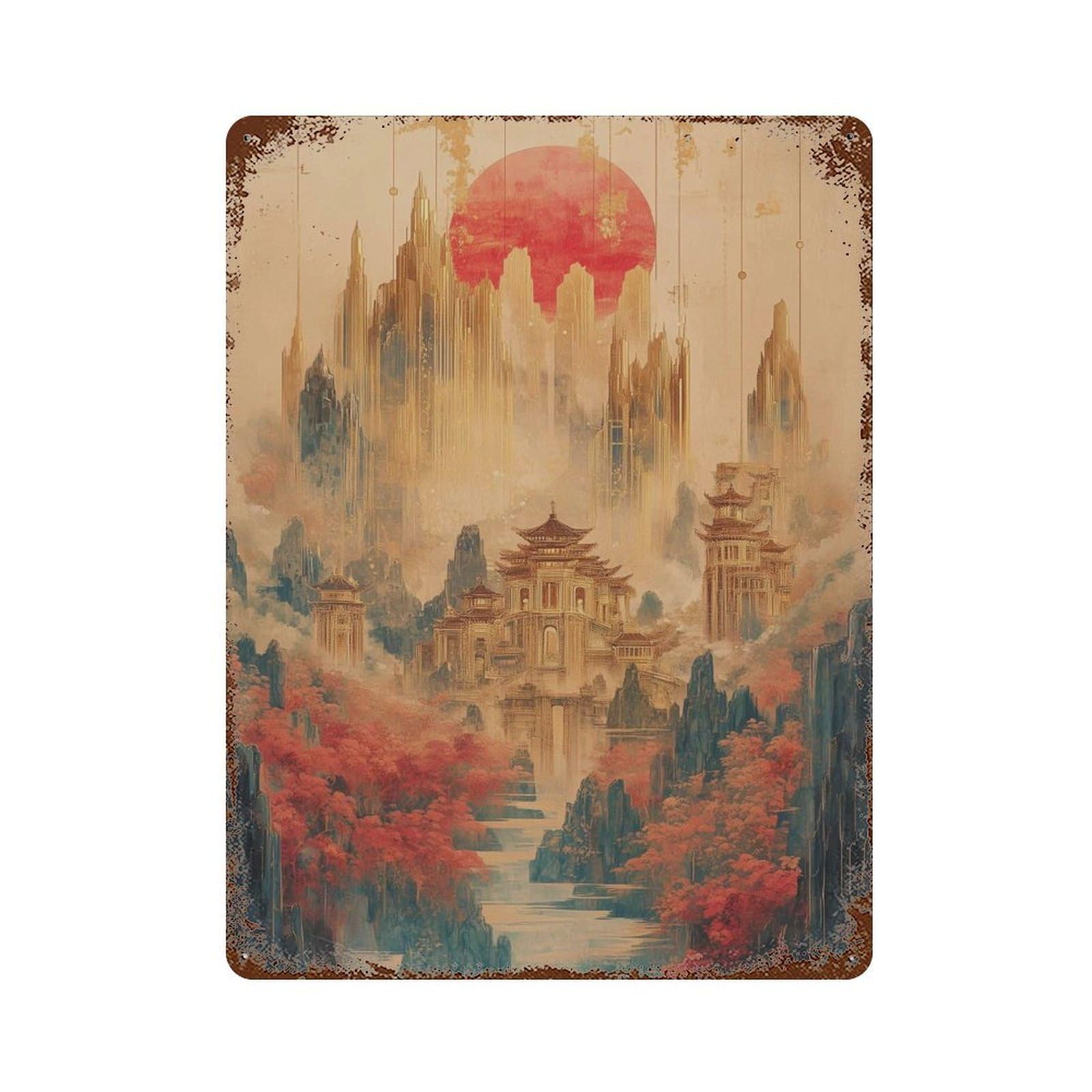 xiaoxiaoshen Ancient Temple Landscape Red Sun Japanese Style Mystical Mountain Living Room Wall Decor Art Metal Tin Poster Modern Home Decor Art Home Bar Shop Decorations Vintage Sign 40x30cm