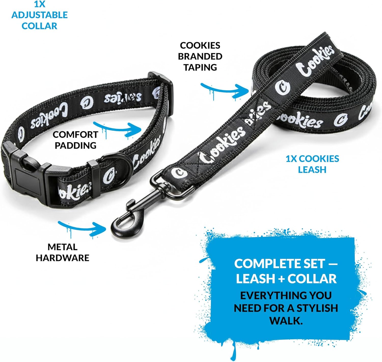 Cookies Original Logo Dog Leash & Collar Set – Adjustable Collar with Leash for Medium Dogs, Heavy- Metal Clip, Comfortable Fit, Stylish Dog Accessories for Walking & Training – Blue, Medium