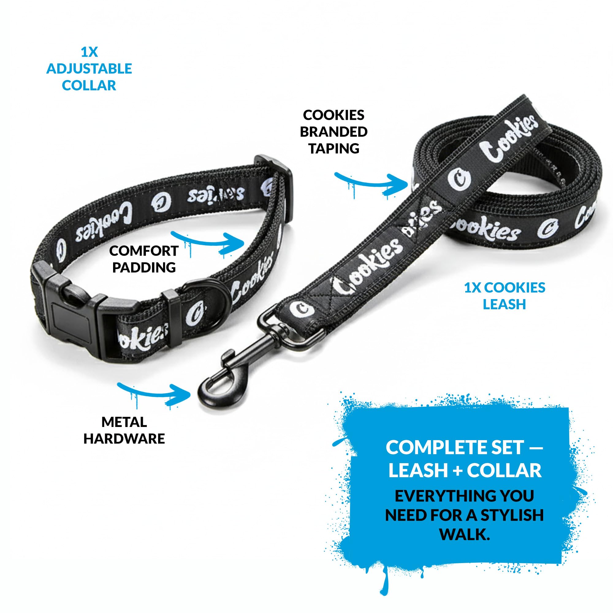 Cookies Original Logo Hundeleine & Halsband Set - Verstellbares Halsband mit Leine für kleine Hunde, robuster Metallclip, bequeme Passform, stilvolles Hundezubehör für Spaziergänge und Training