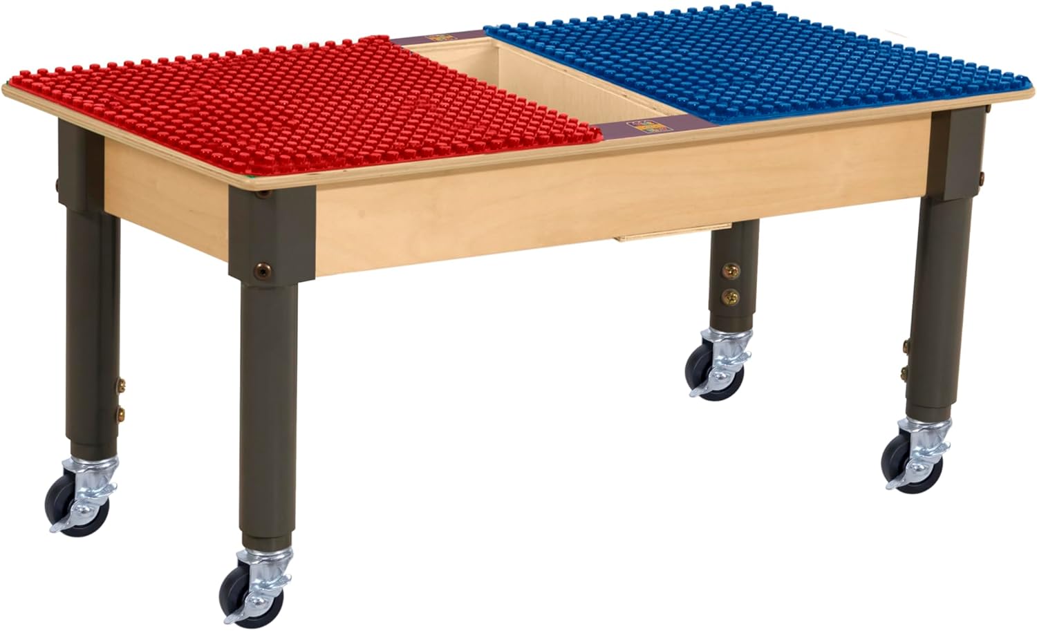 Wood Designs Time-2-Play 30.75"x15.5" Rectangular School Activity Table, Red & Blue Duplo Compatible Play Table with a Trough and Wheels for Kids, 12”-17” Adjustable Legs [Rolling Casters Included]