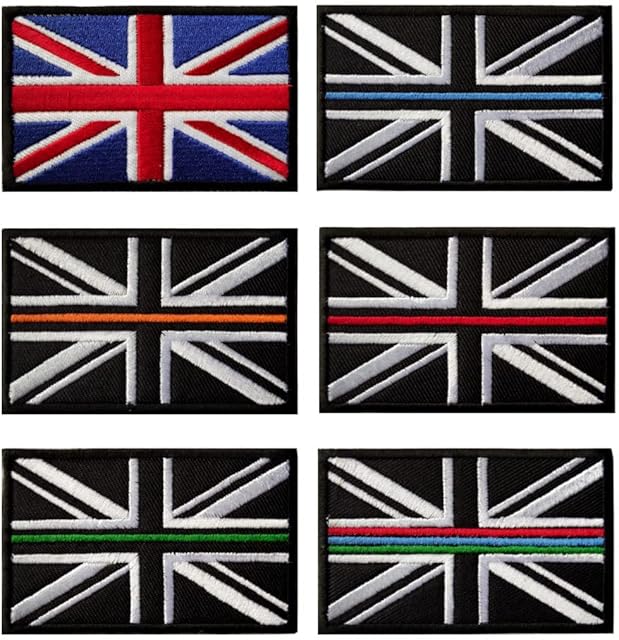 Zcketo 6 Pack Tactical Thin Blue Line/Red/Green UK Flag Patch Military Great Britain Embroidered Applique British Union Jack Hook and Looped National Emblem Badge for Clothes Bags Backpack Vest