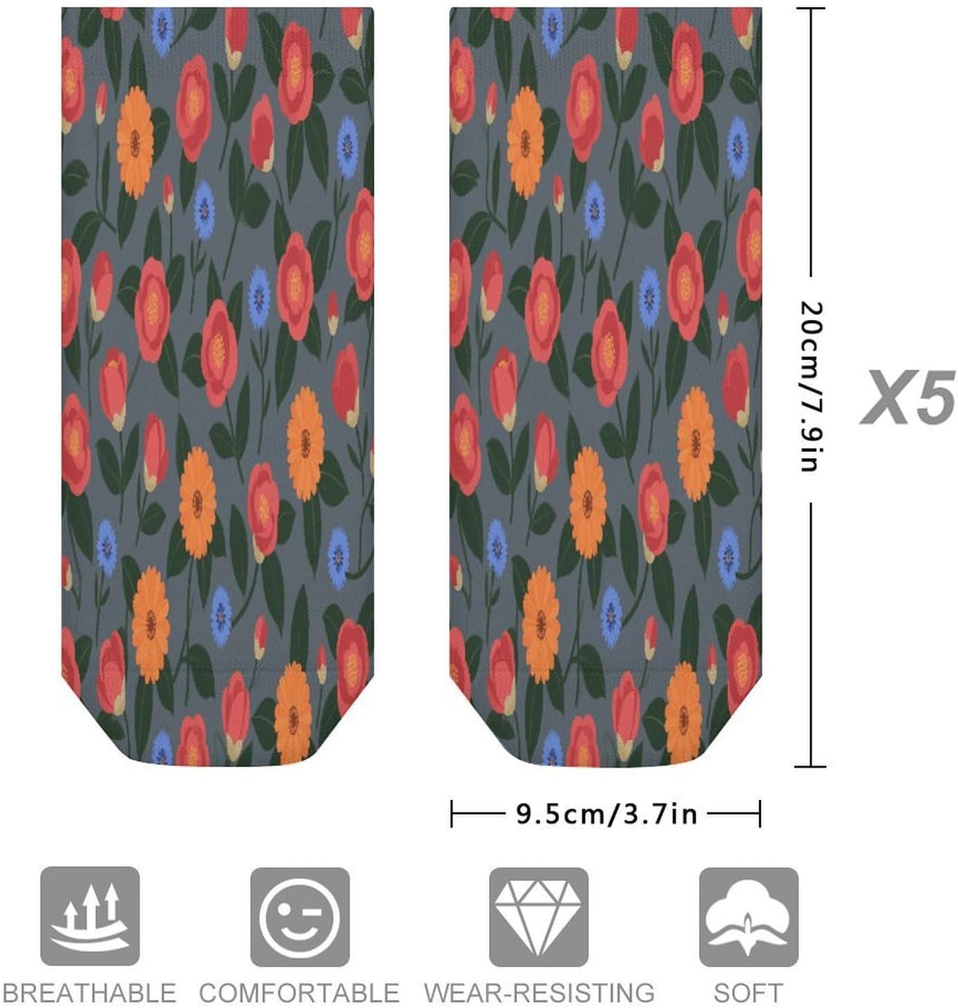 Socks for Men Women 5 Pairs Short Ankle Socks | Red Floral Low Cut Casual Crew Sock Cute Breathable Athletic Socks Non Slip No Show Sock