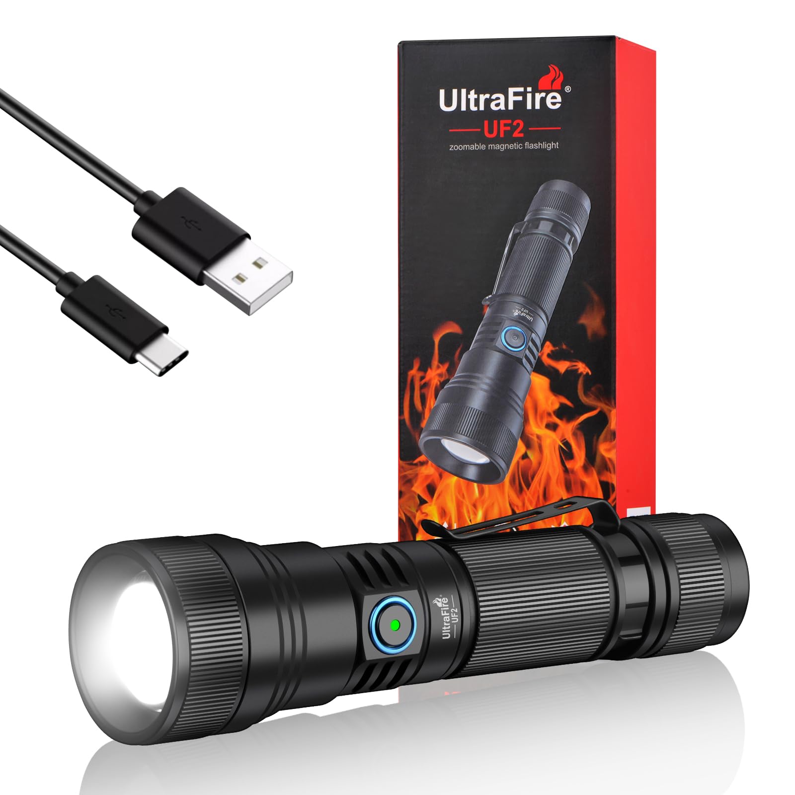 Ultrafire Black 1500 Lumens Rechargeable Led Torch, Zoomable 5 Modes Tactical Torch, Usb-C Bright Portable Flashlight For Camping, Security, Law Enforcement, Emergency, Uf2