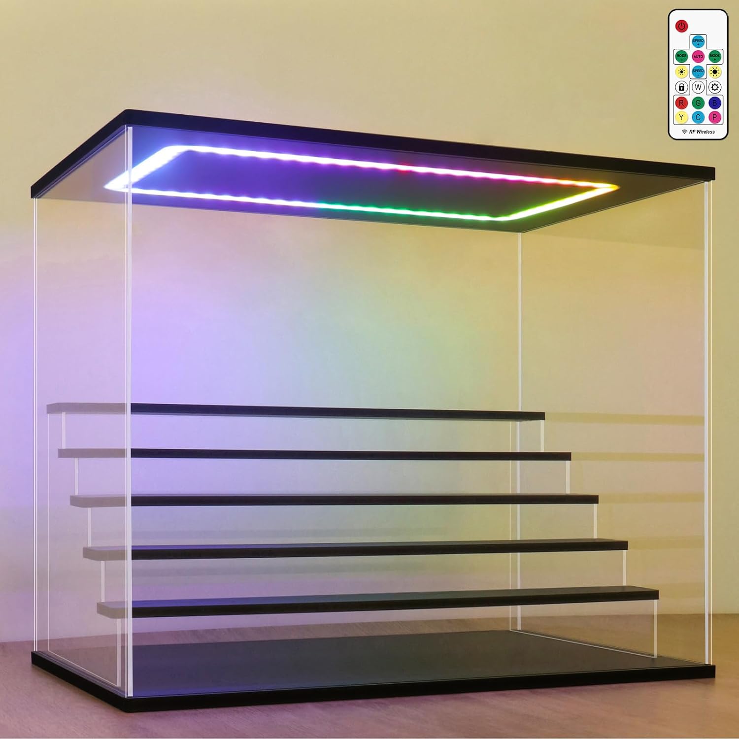 nonemey clear acrylic display case with light ,3/4/5/6 tier multiple color lights via remote control dustproof display box for collectibles figures mini toys (6 tiers 19.6 * 12.5 * 16.5inch) black-colorful light 6 tier l 19.6×12.5×16.5inch?50×32×42cm