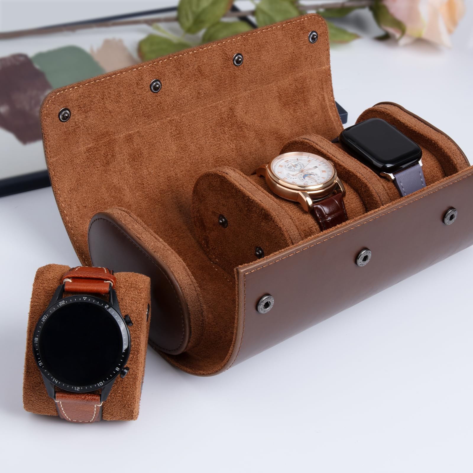 Caja de Reloj cilíndrica con 3 Ranuras, Estuche de viaje para reloj, Caja de Reloj Vintage para Hombres y Mujeres - Versión mejorada Marrón