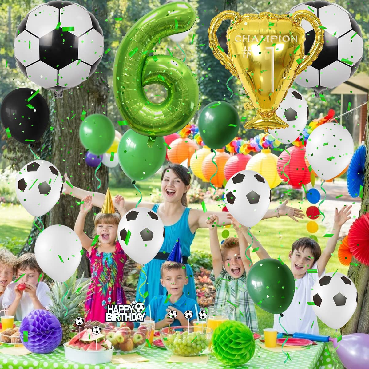 Mowtential 101 Pièces Kit Anniversaire Football 6 Ans,2025 Nouveau Deco Anniversaire Garcon Vert,Ballon Foot,Fond, Bannière,Nappe,Assiette,Tasse,Serviett(6 Ans Deco Foot