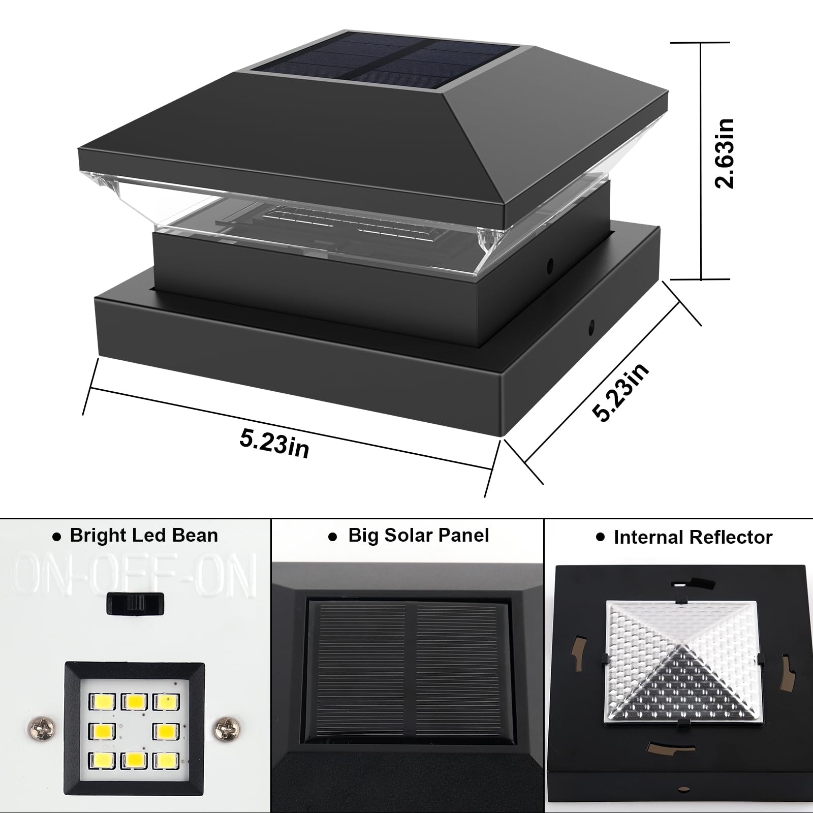 T-SUNUS 4 Pack Solar Post Lights Outdoor LED Warm/White Light Solar Modern Fence Deck Cap Lights IP65 Waterproof Auto On/Off Column Lamp Decoration for Garden Deck Patio (5 * 5in) - Image 4