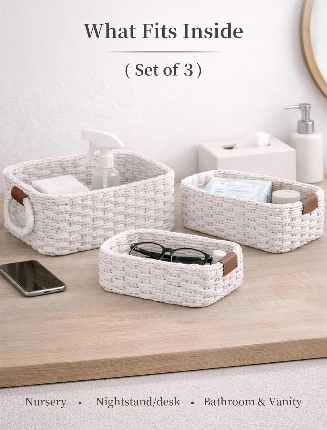 Storage Basket, Recycled Paper Rope Bathroom Basket Organizer, 3Pcs Small Baskets for Organizing, Mini wicker Basket for Decorative Storage Bins, Shelves, Bathroom, Cabinet - White