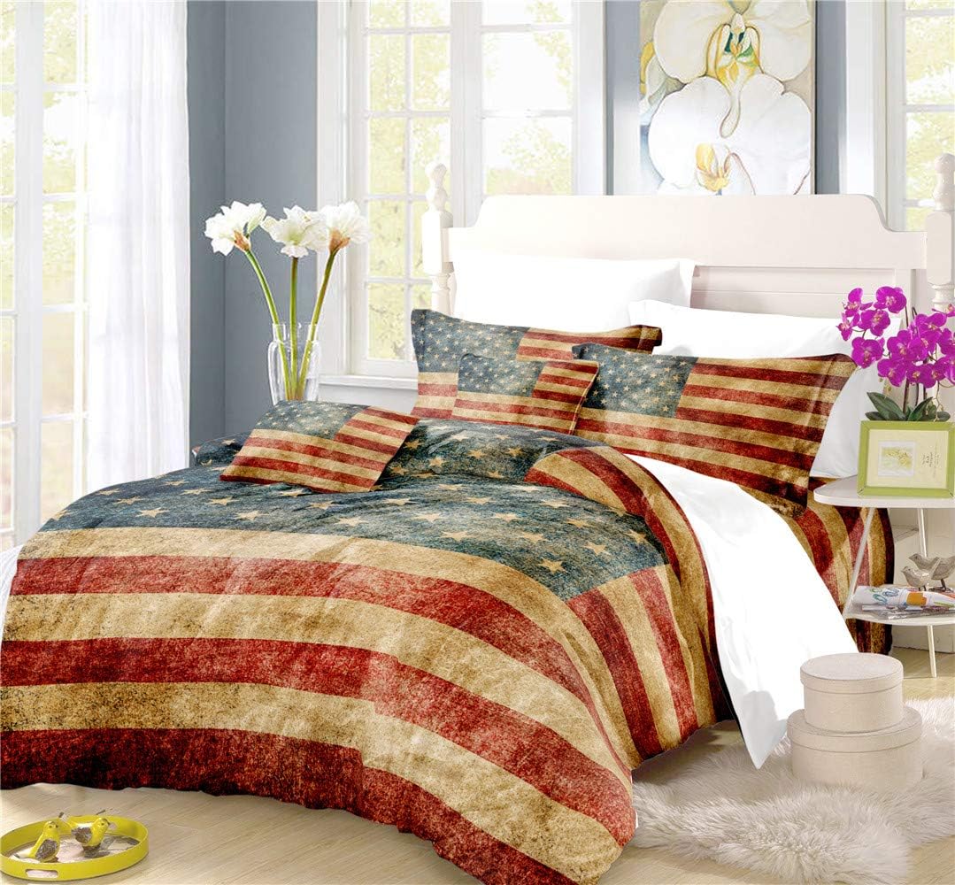 REALIN Vintage Stars and Stripes Duvet Cover Set Rustic American Flag Patriotic Bedding Red White Blue Bed Sets 3/4PCS Quilt Covers/Sheets/Pillow Shams,Twin/Full/Queen/King (I,Queen-228x228cm-3PCS)