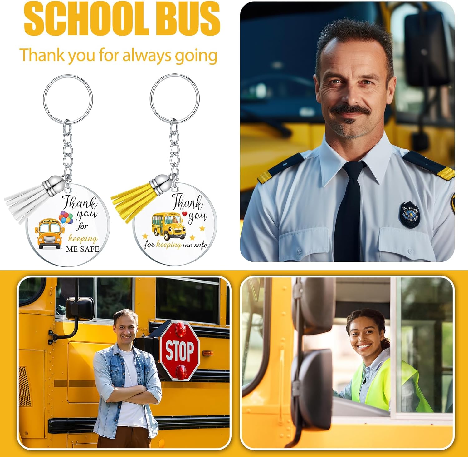 Misdary 24 Pcs School Bus Driver Keychain for Graduation Gifts Appreciation Acrylic Keychain with Tassels