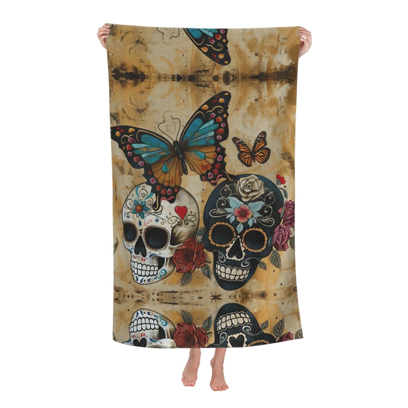 KPXXAQT Sugar Skulls Butterfly Print Oversized Adult Beach Towel Quick-Dry Travel Swimming Camping Outdoor Adventures