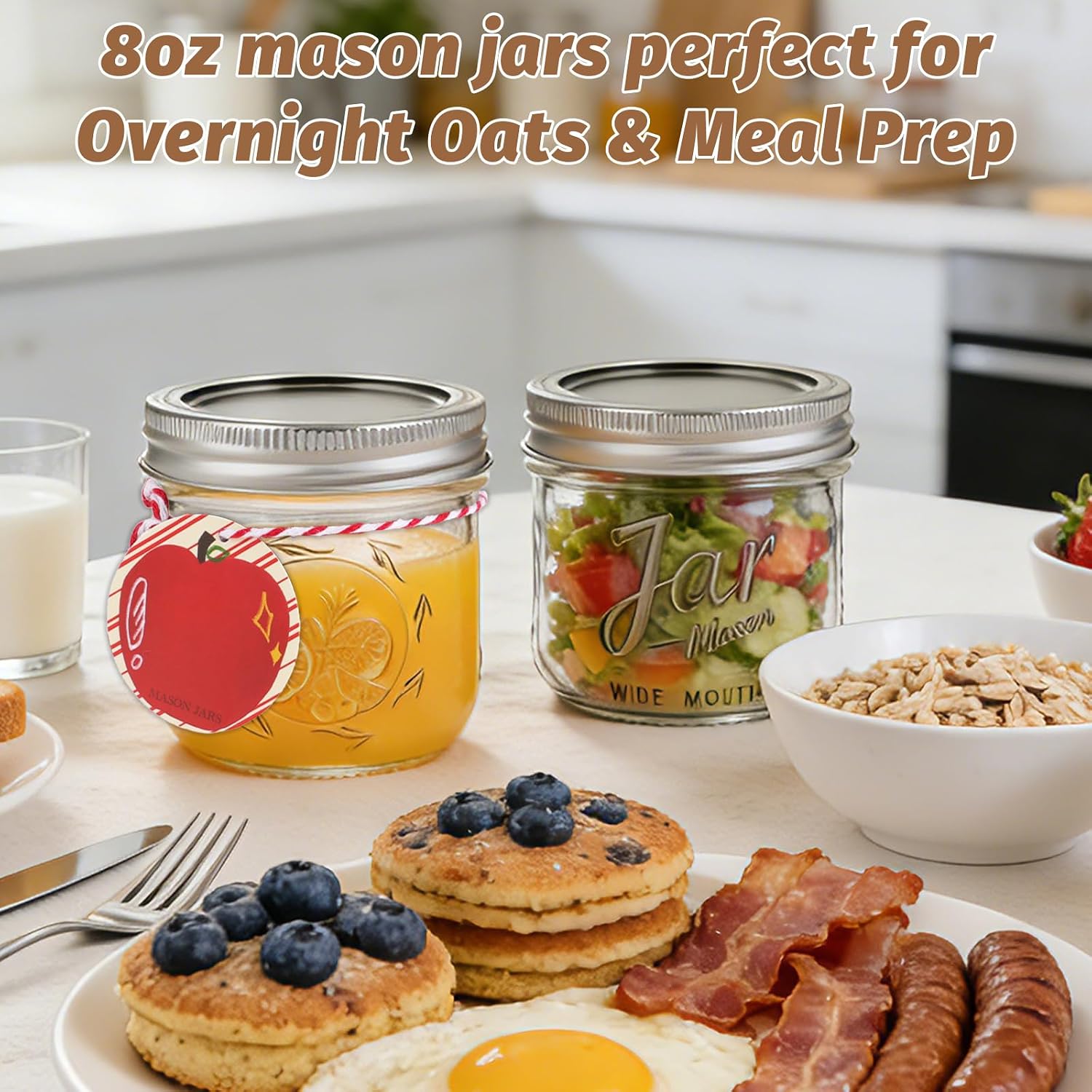 8 oz Wide Mouth Mason Jars with Embossing Pattern&Volume Marks,12 Pack Half Pint Canning Jars with Tags & Brush,Glass Storage Jars with Lids for Yogurt,Overnight Oats,Food Storage,Gift Giving & Crafts
