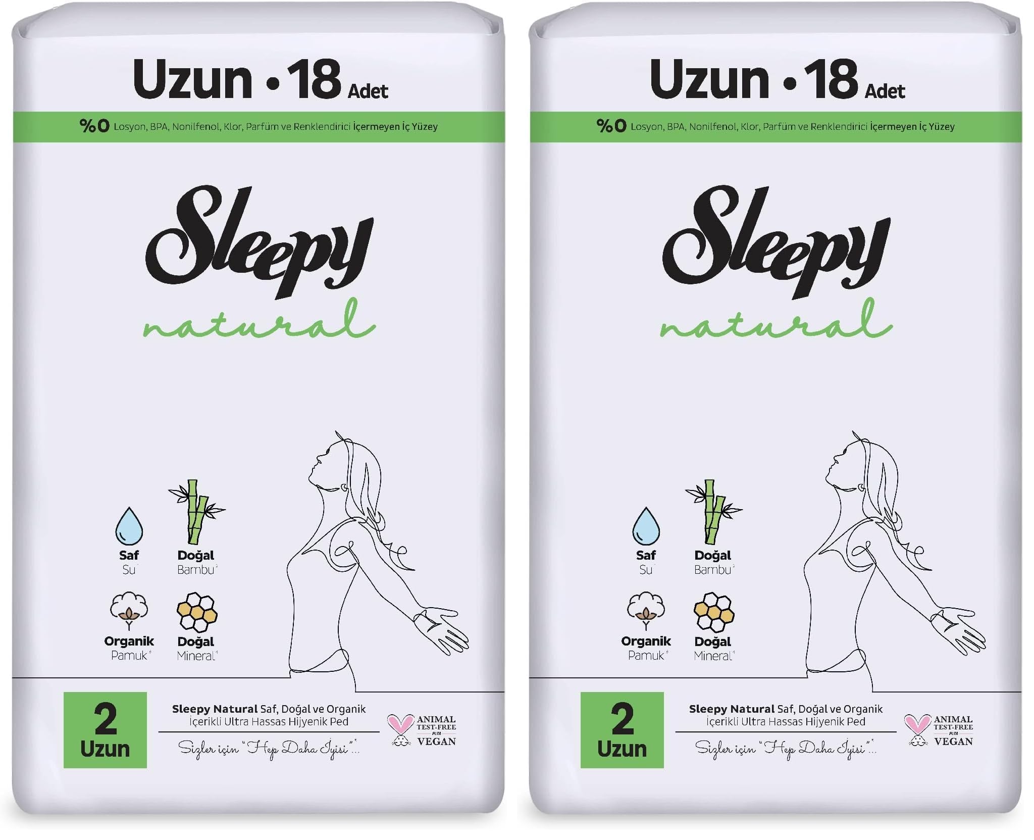 Sleepy Natural Ultra Hassas Hijyenik Ped Uzun 18 Adet (2 paketi)