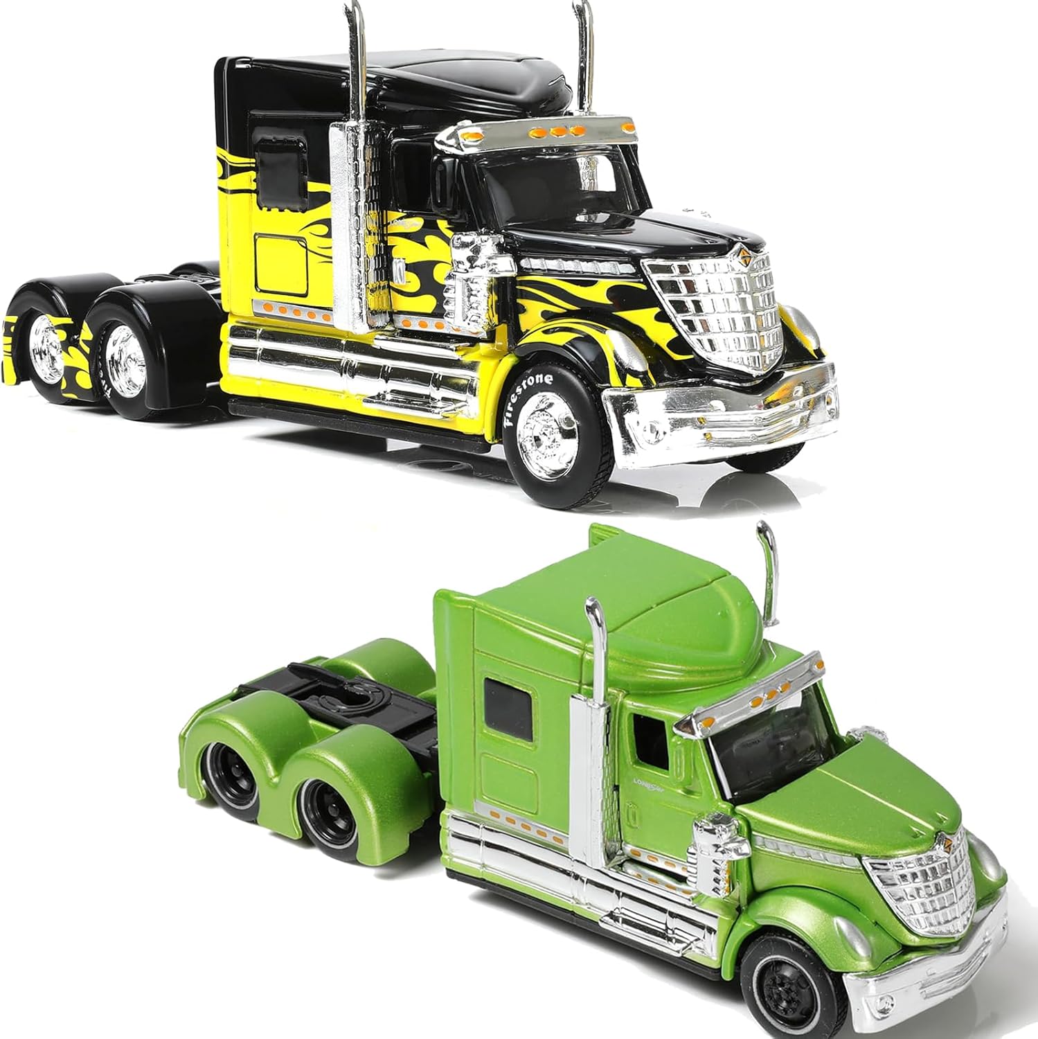 Semi Truck Toy, 1/64 Scale Alloy Metal Diecast Heavy Semi Truck Trailer Head Toy Model Toys(Green, Yellow)