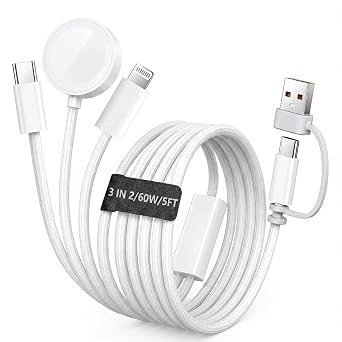 60W 5FT3-in-2 Multi Charging Cable for Apple Watch Charger, Travel Essentials Cruise Accessories, Nylon Braided USB C/L Fast Charger Cord for iWatch Ultra/SE/10-1, iPhone 17-12, PS5, Nintendo Switch