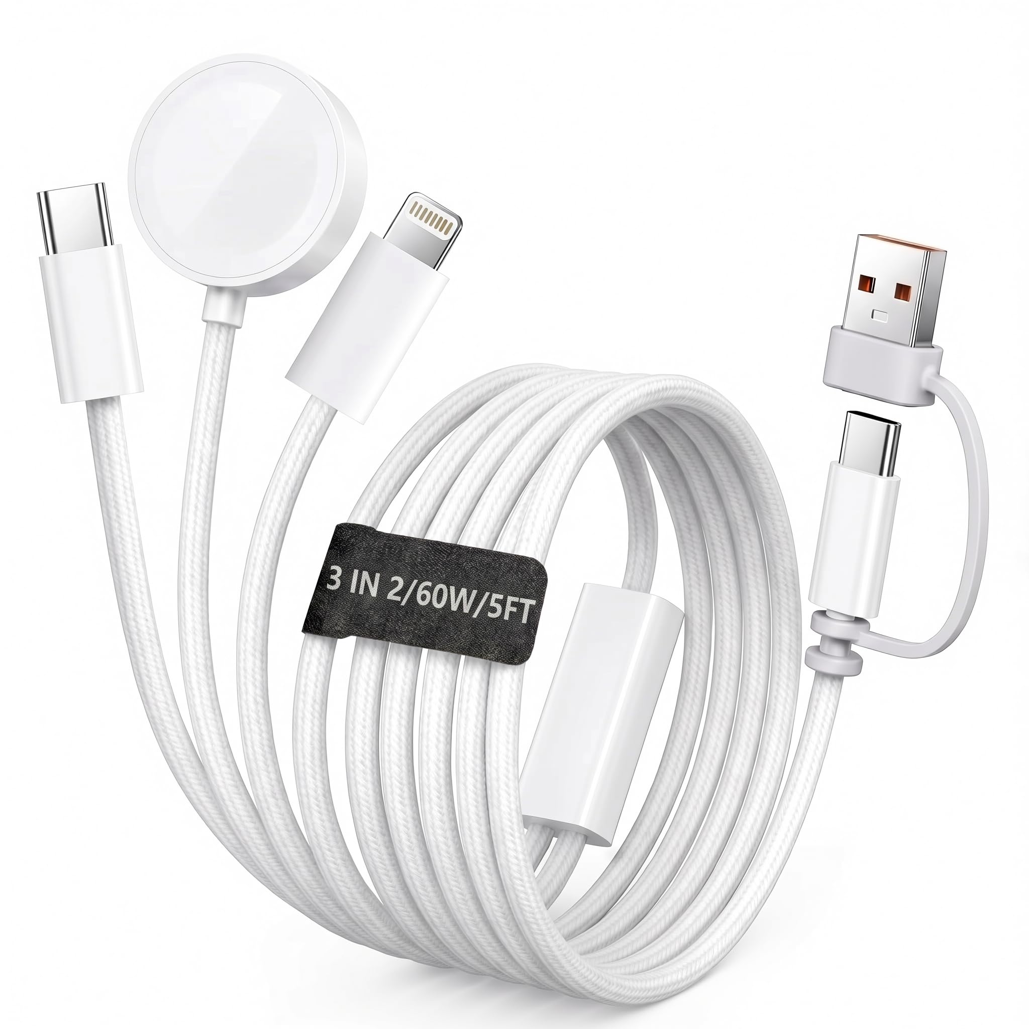 Photo 1 of ?60W 5FT?3-in-2 Multi Charging Cable for Apple Watch Charger, Travel Essentials Cruise Accessories, Nylon Braided USB C/L Fast Charger Cord for iWatch Ultra/SE/10-1, iPhone 17-12, PS5, Nintendo Switch