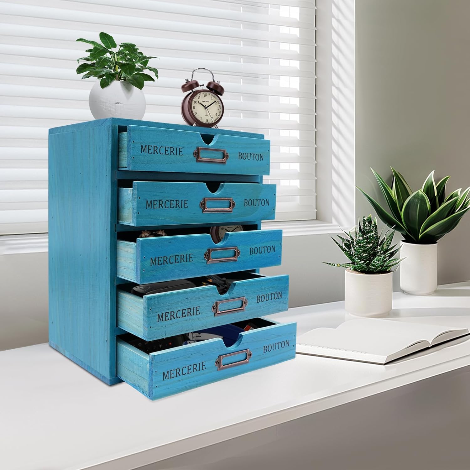5 Drawer Wooden Desk Organizer, Wooden Storage Box Desktop Storage, Countertop Drawers Library Card Catalog Cabinet Apothecary Cabinet, Vintage Wood Home Office Desk Organizer (Blue)