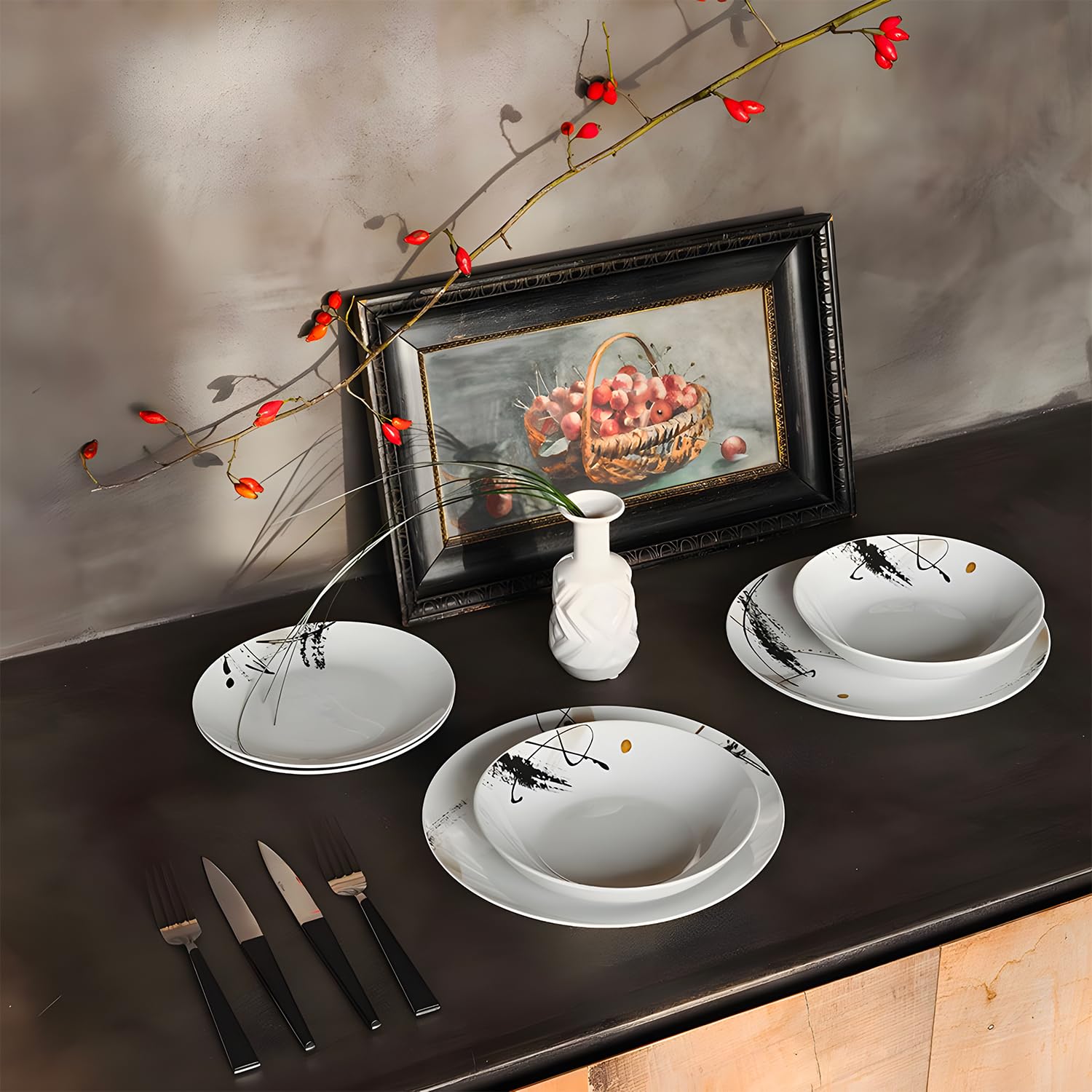 Avilia Servizio di Piatti 18 Pezzi in Porcellana Bianca con Decoro Grafico Nero - Set Composto da Piatti Fondi, Piani, e da Dessert - Eleganti e Moderni Ottimi per Ogni Occasione - Facili da Lavare