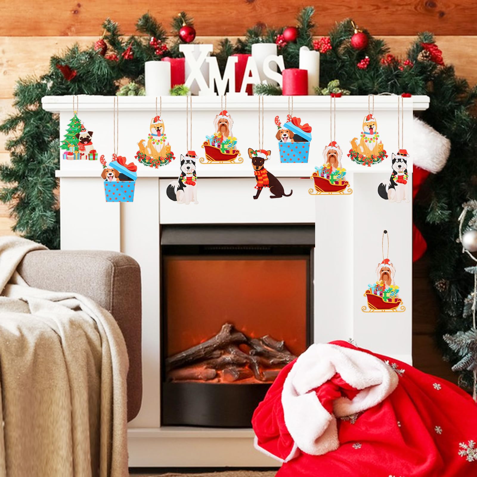 Jollyboom 24 adornos de Navidad de madera, adornos de árbol de Navidad para perro, lindo perro para colgar en el árbol de Navidad, recuerdo, Navidad, invierno, vacaciones, fiestas, decoración para