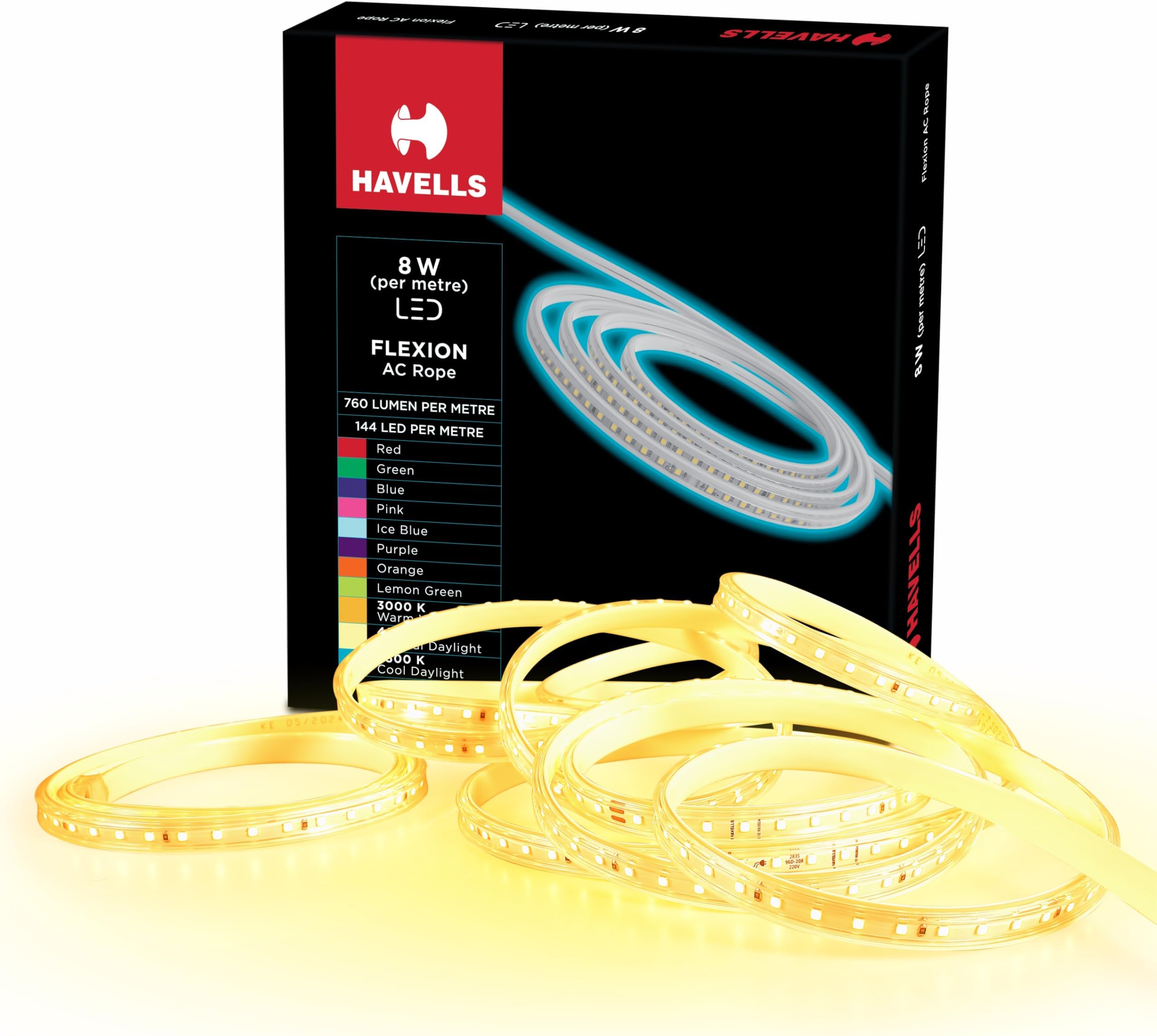 HAVELLS Flexion Plug n Play 5m LED Rope Light 96LED/Meter Strip | Warm White 3000K| Waterproof IP65 Certified Festive Light | 5M - Outdoor Lights for Balcony Decor, Home Decor & Interior Decor