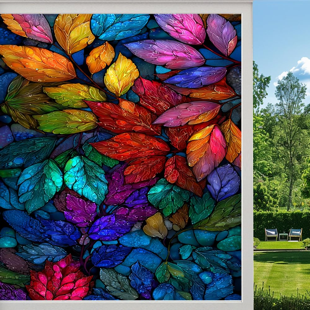 Pmlbaous Artistic Leaves Frosted Window Film, Colorful Autumn Plants Stained Glass Privacy Film, Heat Insulation Self-Adhesive Vinyl For Bathroom Office, （80X120cm）