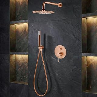 IMEX - Ducha Empotrada Monomando Oro Rosa | Conjunto de Grifería Empotrado con Alcachofa y Rociador Antical Efecto Lluvia | Columna Ducha Empotrada con Grifo en Latón y Acero Inox S.304 | Serie Bless