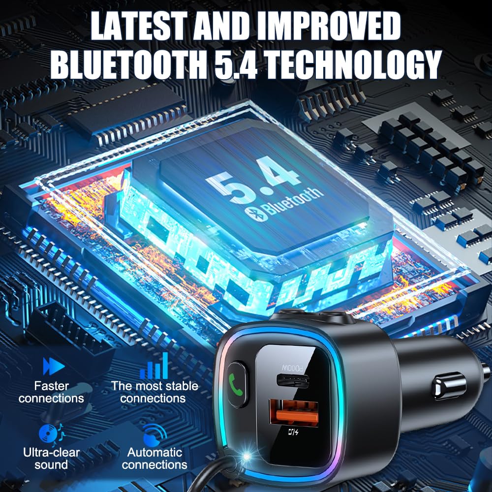 Bluetooth Auto, Trasmettitore Bluetooth Per Auto 5.4 Con Jack Da 3,5 Mm, Aux Bluetooth Auto Usb C Aux Per Auto Per Chiamate In Vivavoce e Musica Wireless Compatibile, Suono Hi-Fi Bass Rgb Ambient