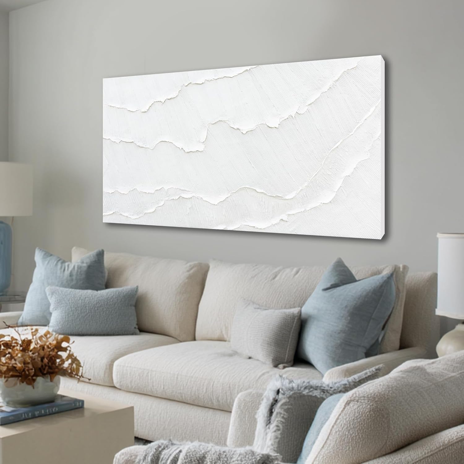 WINKAILIN White Abstract Textured Wall Art Modern 24x48 inch Canvas Ocean Wave Artwork Minimalist Hand-drawn Painting Contemporary White Posters Print for Living Room Bedroom Office Décor