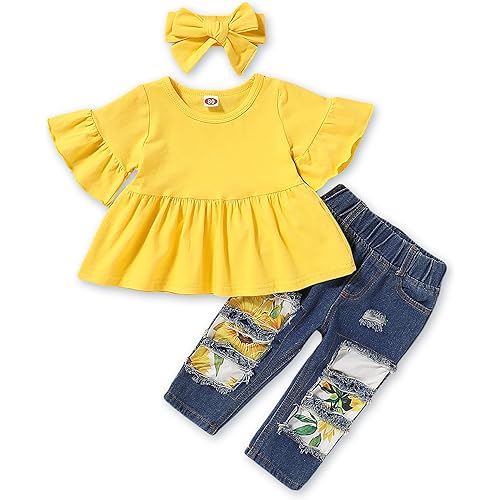 NZRVAWS Toddler Baby Girl Clothes Infant Print Colorful Ruffle Outfits Fall winter Top Ripped Jeans Pant Set Clothing 6M-5T