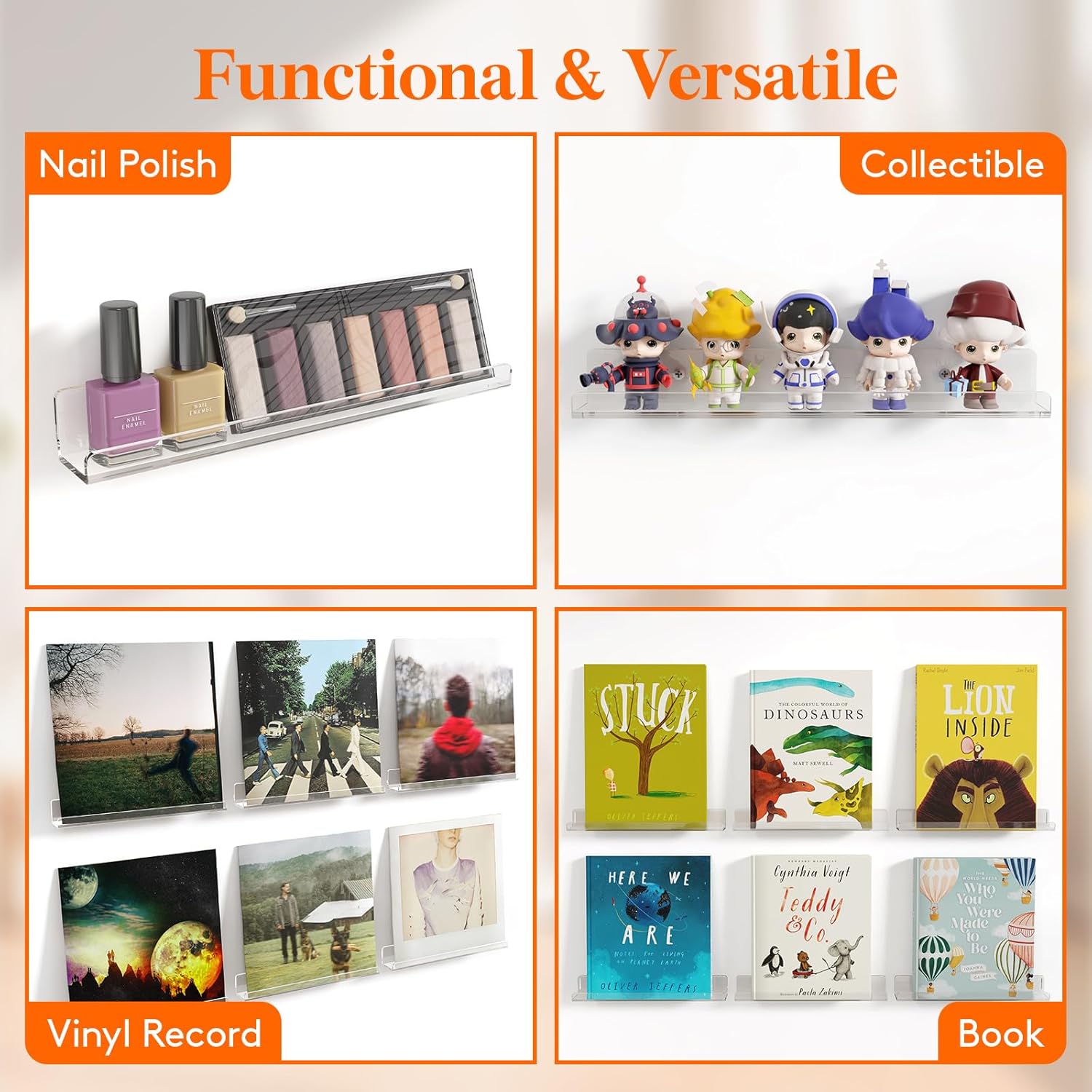 Clear floating shelves displaying nail polish and small collectibles