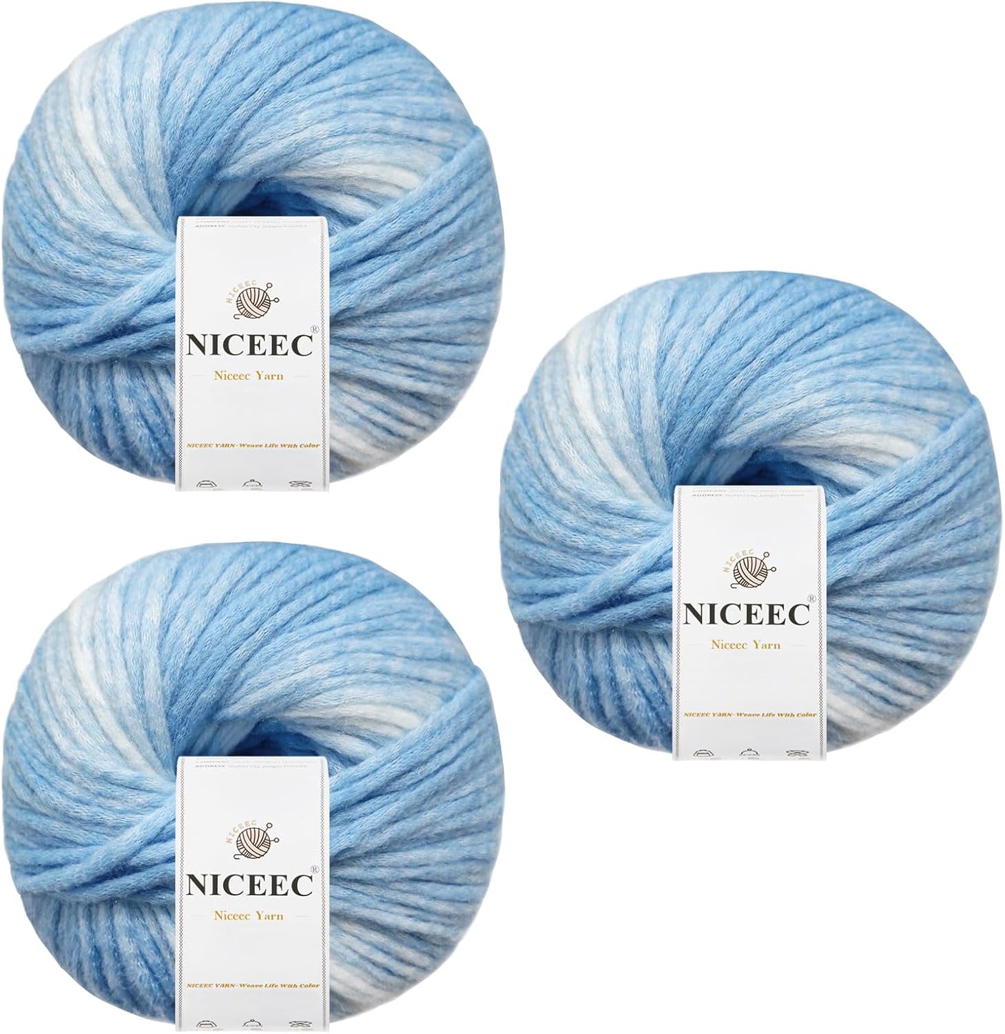 NICEEC 3 Skein Rainbow Wool Blend Yarn, Soft, Fluffy, Gradient, Self-Striping, Easy-Use Colorful Yarn for Crochet & Knitting, Total 4.6oz×3 / 199yds×3 - Blue Sky