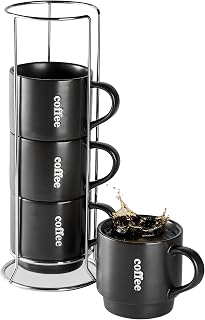 Spoon Rest for Stove Top & Stackable Coffee Mug Set with Rack - 15 Ounce Coffee Mugs for Coffee, Tea, Cocoa, Milk