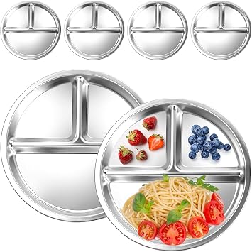 6 Packs Stainless Steel Divided Plate, 9" Portion Control Divided Metal Plate 3 Compartment Reusable Plates Unbreakable Sectioned Plates with Dividers for Adults Bariatric Diet