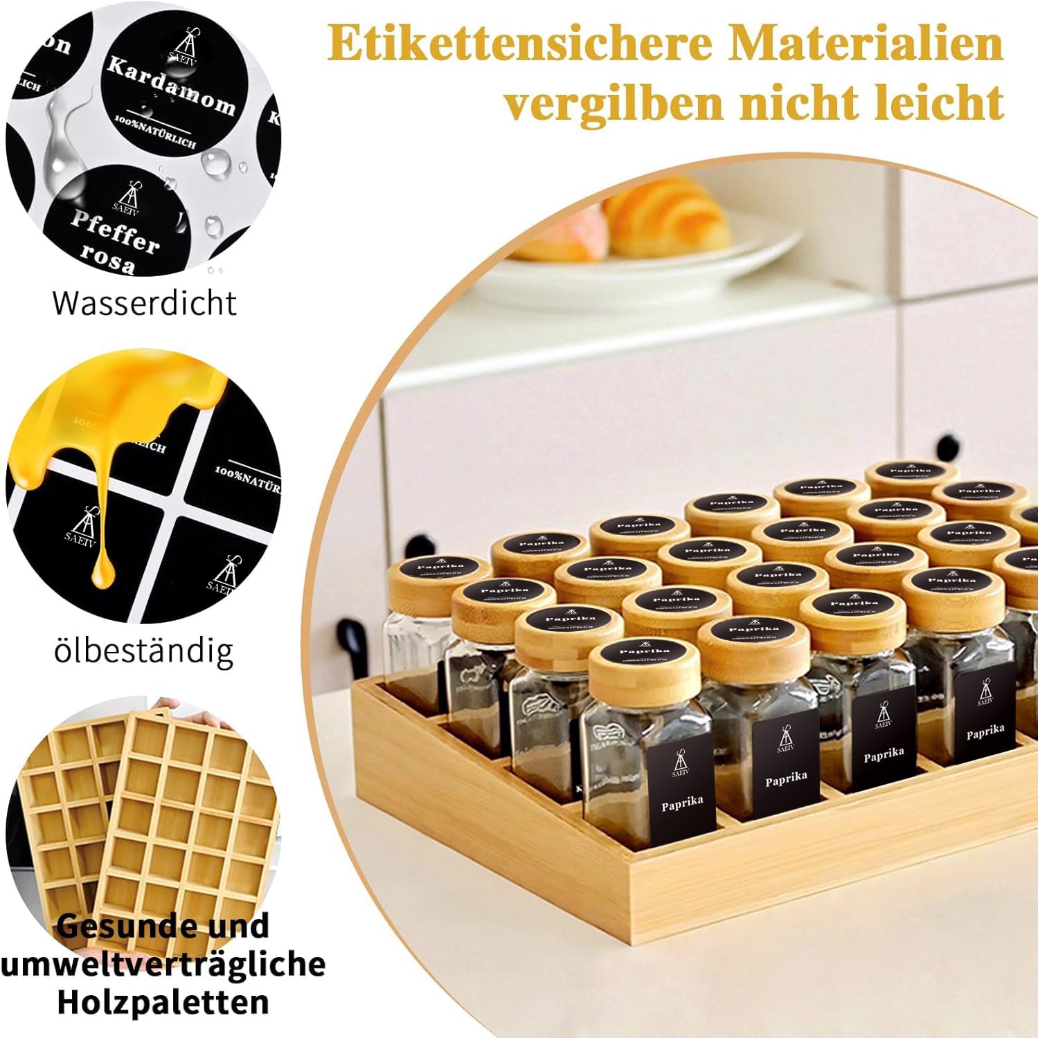 SAEIV Gewürzgläser Set 24 Stück Eckig mit Bambusdeckel & Gewürzregal, Borosilikatglas Luftdicht, inklusive Deutschen Gewürzetiketten, Einfülltrichter und Reinigungsbürste, Gewürzaufbewahrung