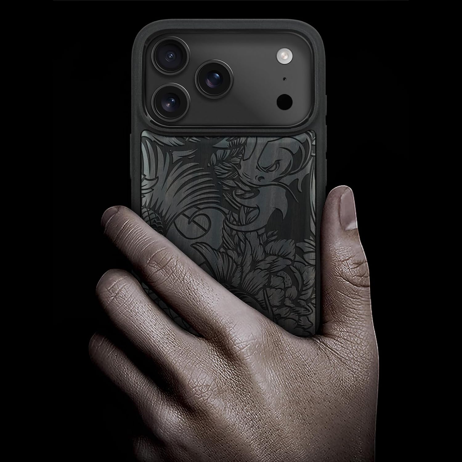 Carveit Magnetic Wooden Case for iPhone 17 Pro Max Case, Wood Artisan Engraved & Black Soft TPU Shockproof Cover, Compatible with MagSafe Wireless Chargers (Flowing Harmony) Blackwood