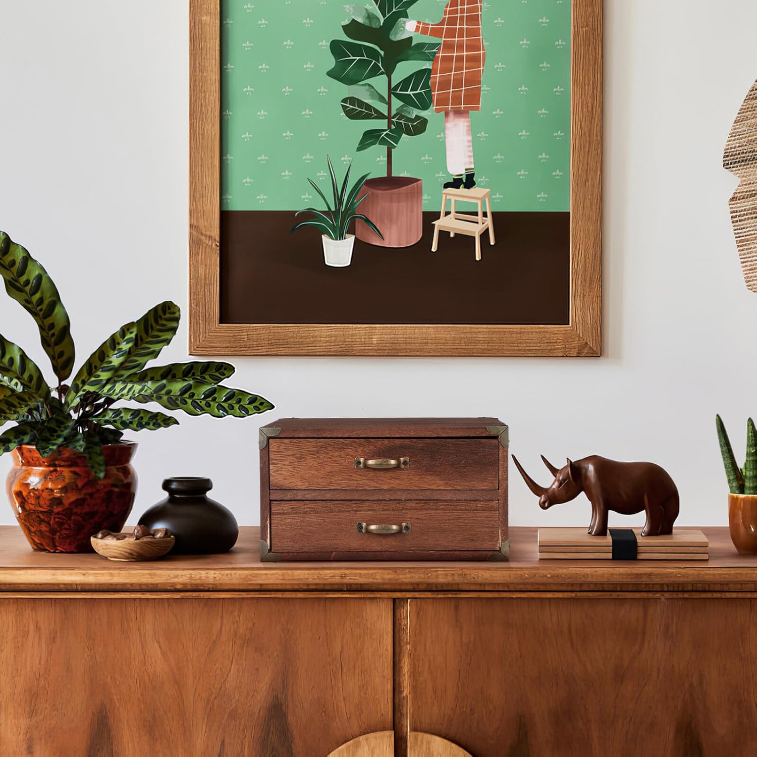 Generic Vintage Wooden Drawer Storage Cabinet Small Desktop Organizer Two Drawers for Makeup and Office Supplies Storage