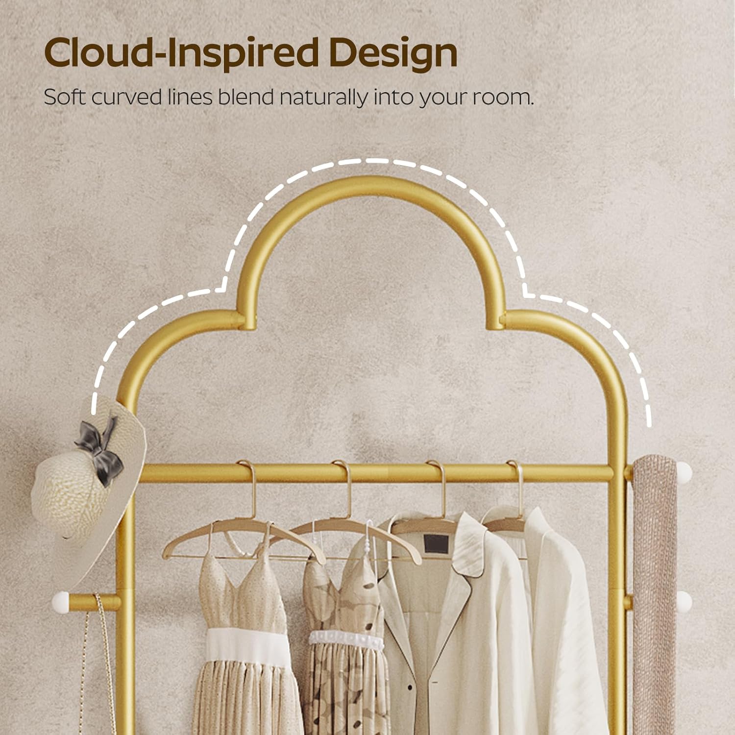 Coat Rack Freestanding, Heavy Duty Clothes Rack with 4 Hooks, Metal Coat Hanger Stand with Stable Base, Gold Clothing Rack for Entryway, Bedroom, Office, Gold and Marble White YM04DM