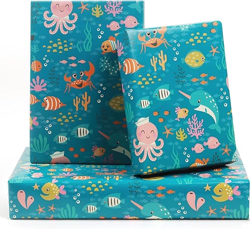 NEPOG Papel de regalo de cumpleaños con temática oceánica para niños, niñas y niños, 6 hojas de papel de regalo con diseño costero bajo el agua, 20