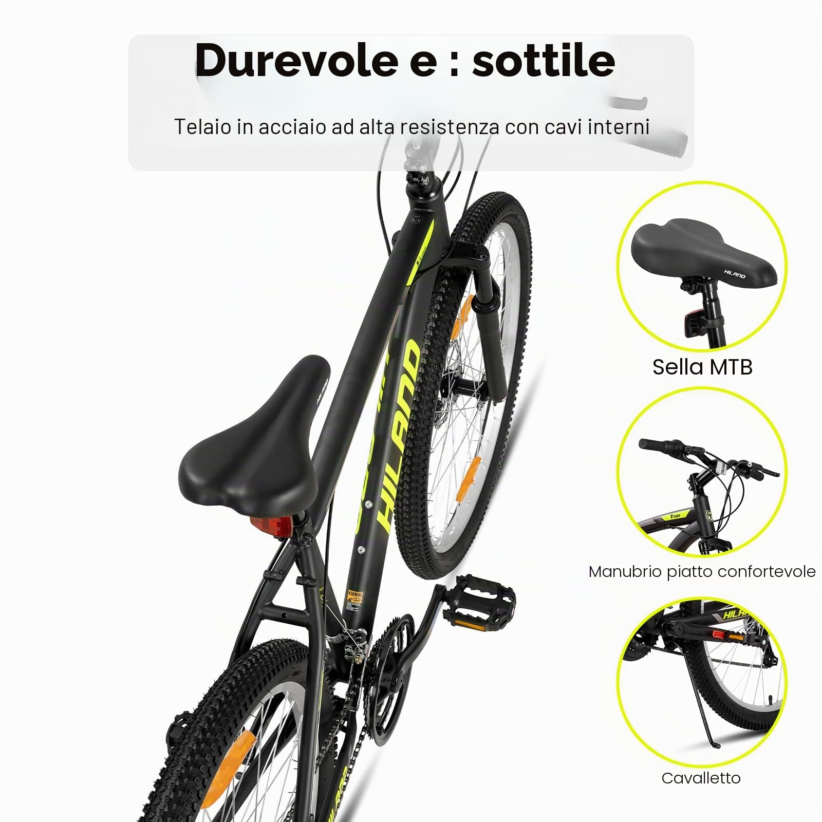 HILAND Mountain Bike 26/27,5”, 18 Velocità, MTB per Uomo e Donna, Freni a Disco Doppi, Forcella Ammortizzata, Bicicletta da Montagna per Adulti, Arancione/Giallo
