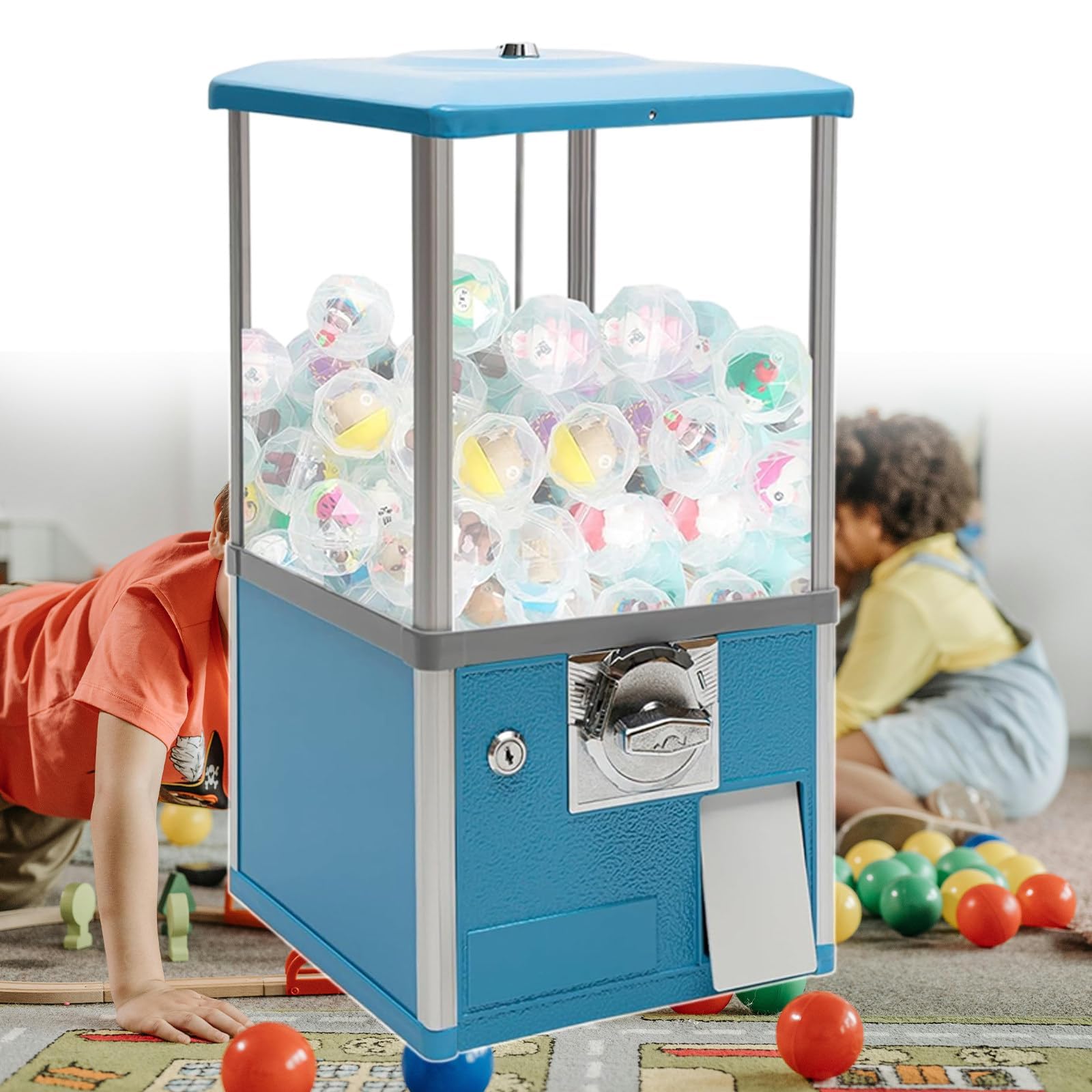 Distributeur de capsules rondes bleu pour animer une salle de jeux ou une fête d'enfants