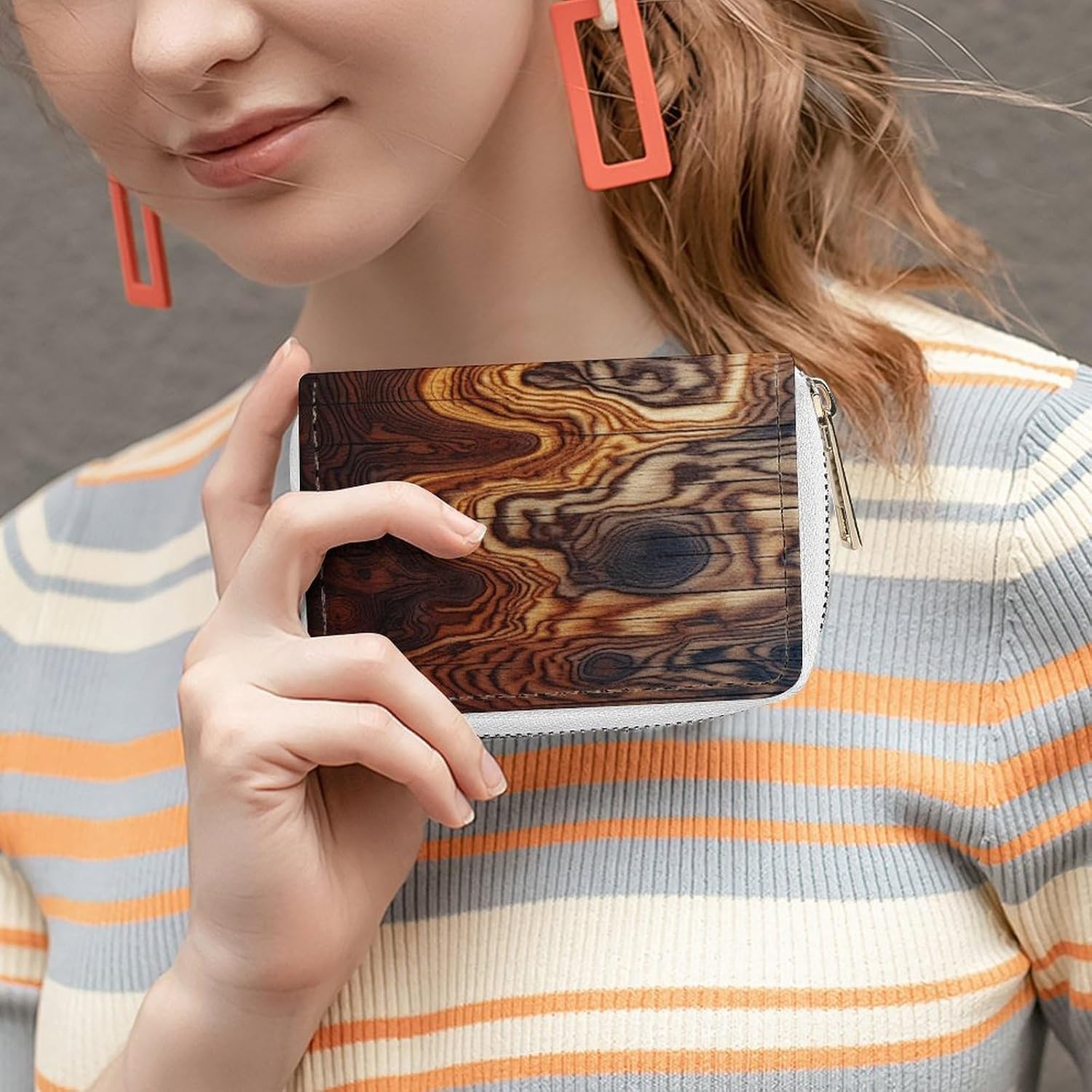 Brown Wooden Texture Card Holder RFID Blocking,Credit Card Wallet for Women And Men,Card Case Organizer Bag with Zipper