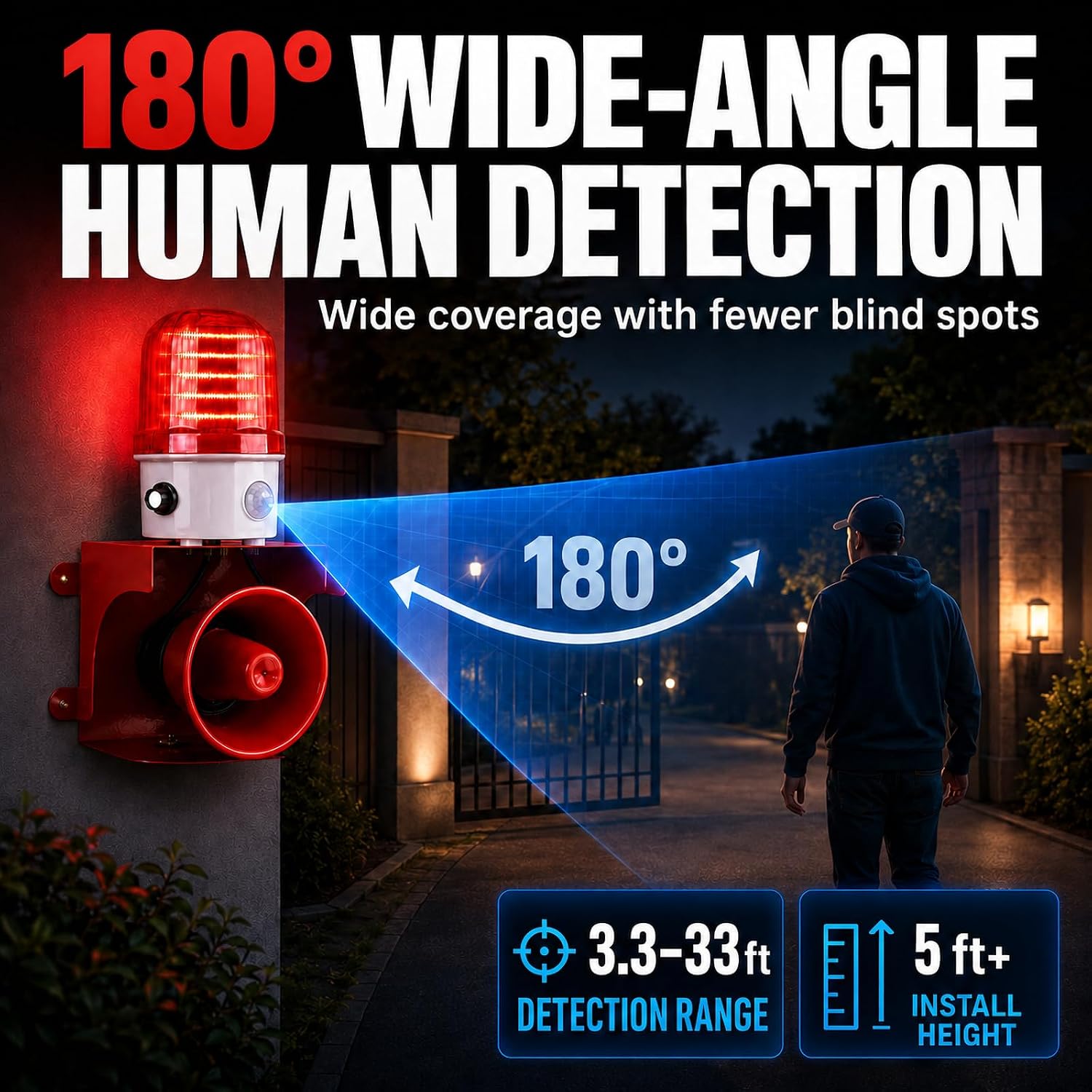 Motion Sensor Alarm with Human Detection & Remote Control, Outdoor Security Alarm with 130dB Adjustable Siren and LED Strobe Light, Home Security, Driveway, Garden and Property Protection