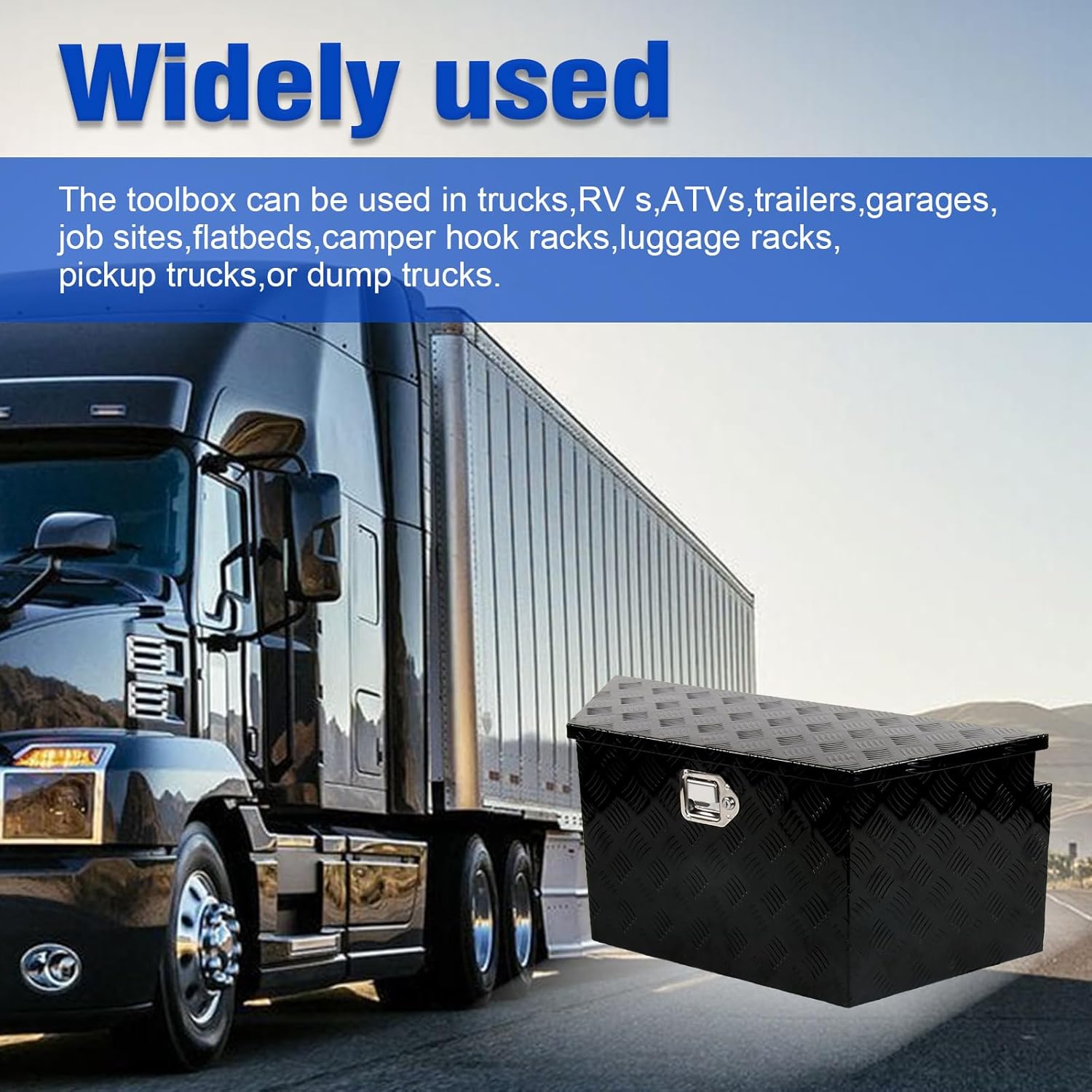 SSN 34 In Black Aluminum Tool Box Wide Utility Trailer Tongue 5 Bar Tread ToolBox for Pick Up Truck Bed RV ATV Organizer Trailer Storage Tool Box with Lock and Keys 34"X14.5"X15"