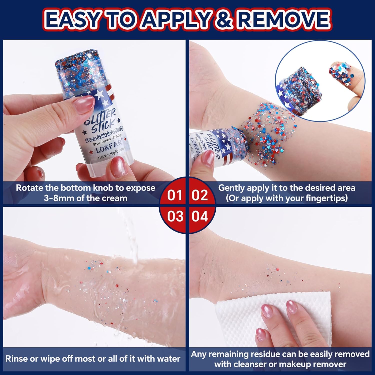 4th of July Glitter Stick | Patriotic Red White and Blue Glitter Stick for Face Body Hair, Fourth of July Accessories & Outfits for Women, USA Flag Makeup for American 250 Anniversary & Memorial Day