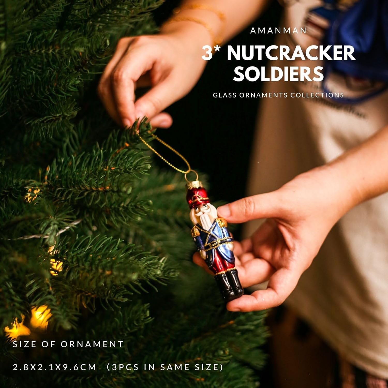 Hand-Blown Nutcracker Christmas Ornaments Set of 3 - H9.6cm Glass Soldiers with Hand Painted Details (Green, Red, Blue) - Image 3