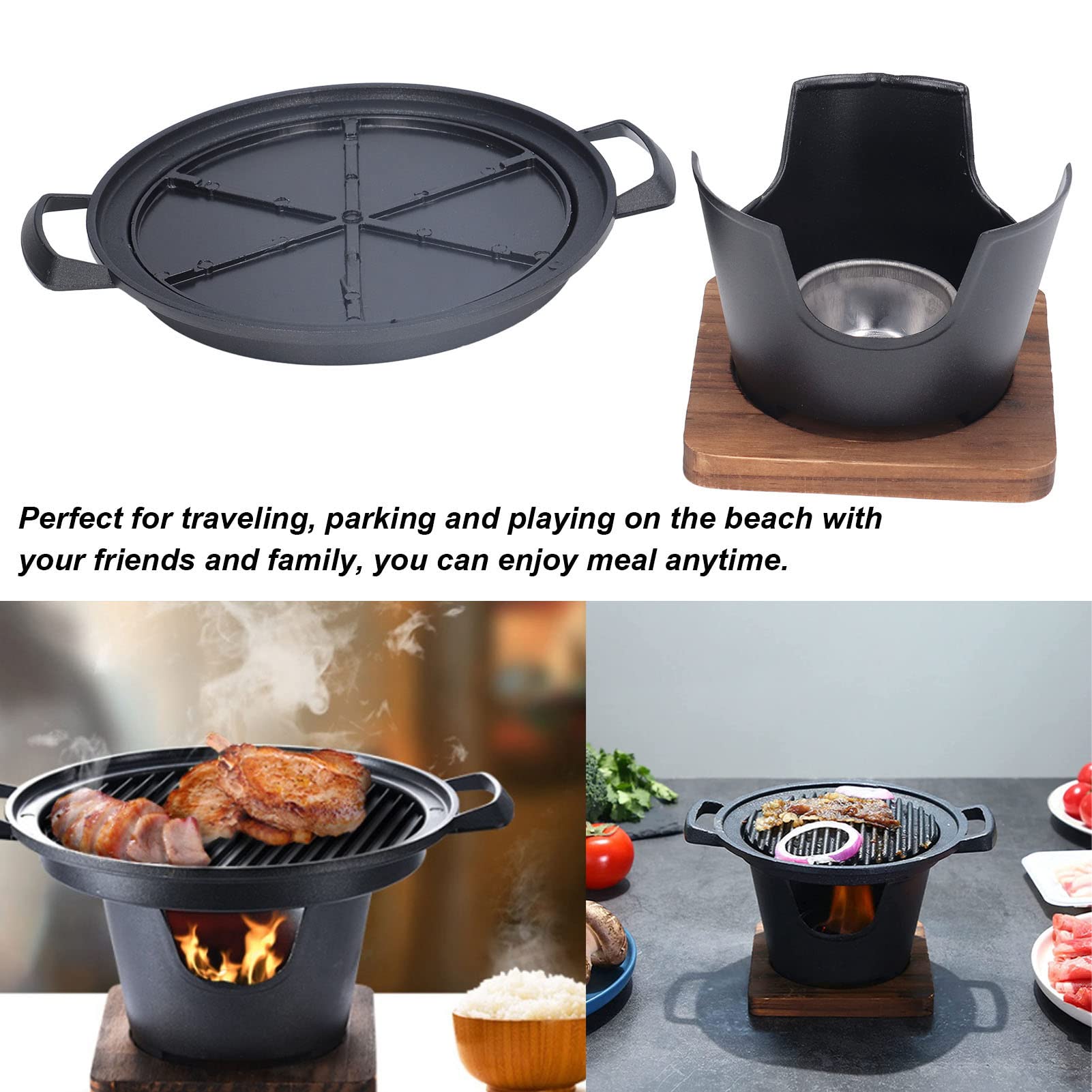 Mini Set di Griglie per Barbecue,Barbecue a Carbone Griglia da Tavolo a Carbone Barbecue in Stile Giapponese Griglia Rotonda per Interni con Base in Legno per Picnic Giardino Balcone Campeggio
