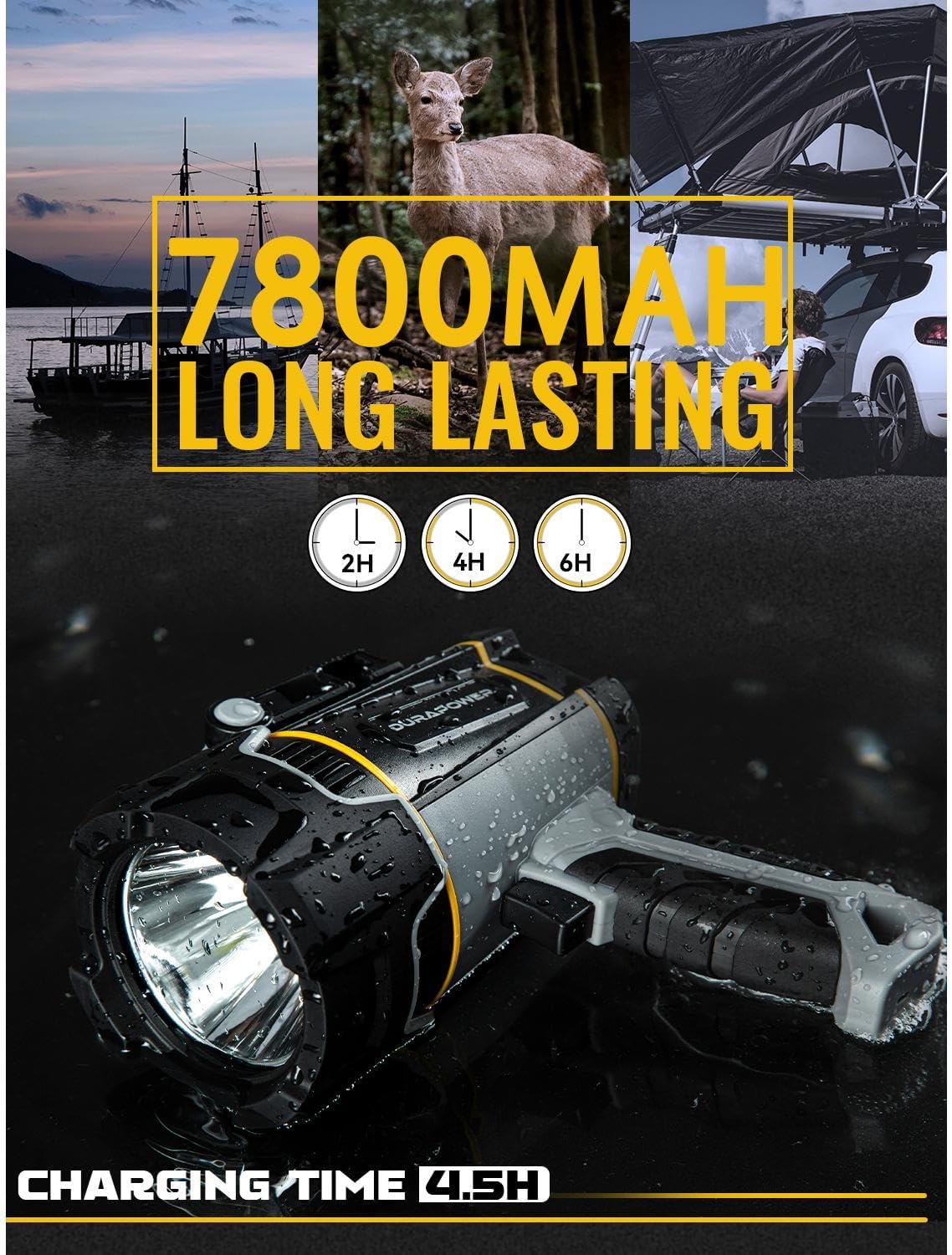 Durapower Boat Spotlight Flashlight, 3000LM IP67 Waterproof Super Bright Rechargeable Spotlight, Long Lasting Flashlight,1148ft Range Portable Handheld Spot Light Outdoor for Marine Boat Hunting